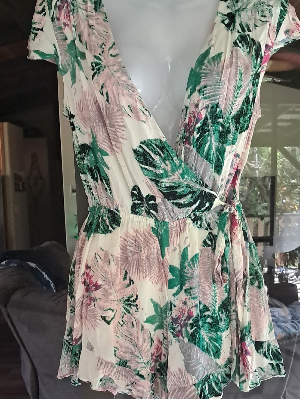 Cream Tropical Leaf Wrap Romper with Green and Pink Print